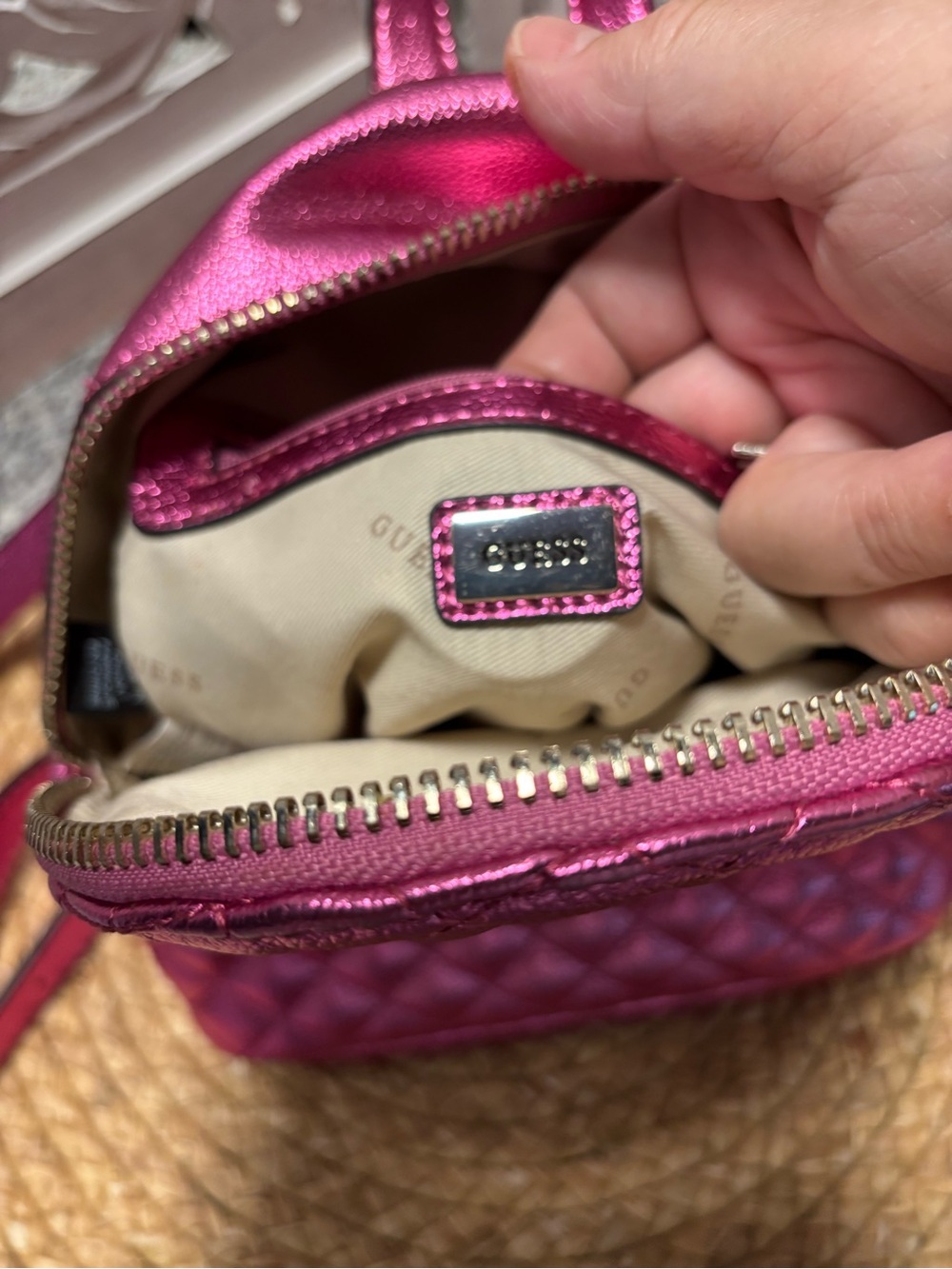 Guess Metallic Quilted Mini Backpack - Magenta with gift set - Picture 6 of 14